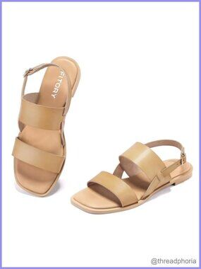 Womens Flat Sandals Square Open Toe Slides Adjustable Buckle Microfiber